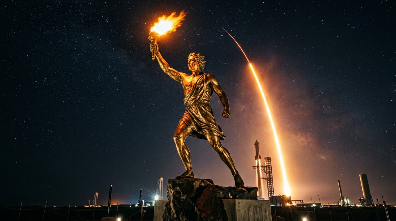 Prometheus statue illuminated at night with rocket launch